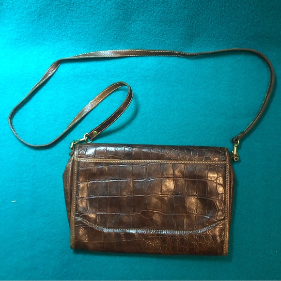 Alligator-Embossed Leather Fold-Over Crossbody Bag - Picture 2 of 9